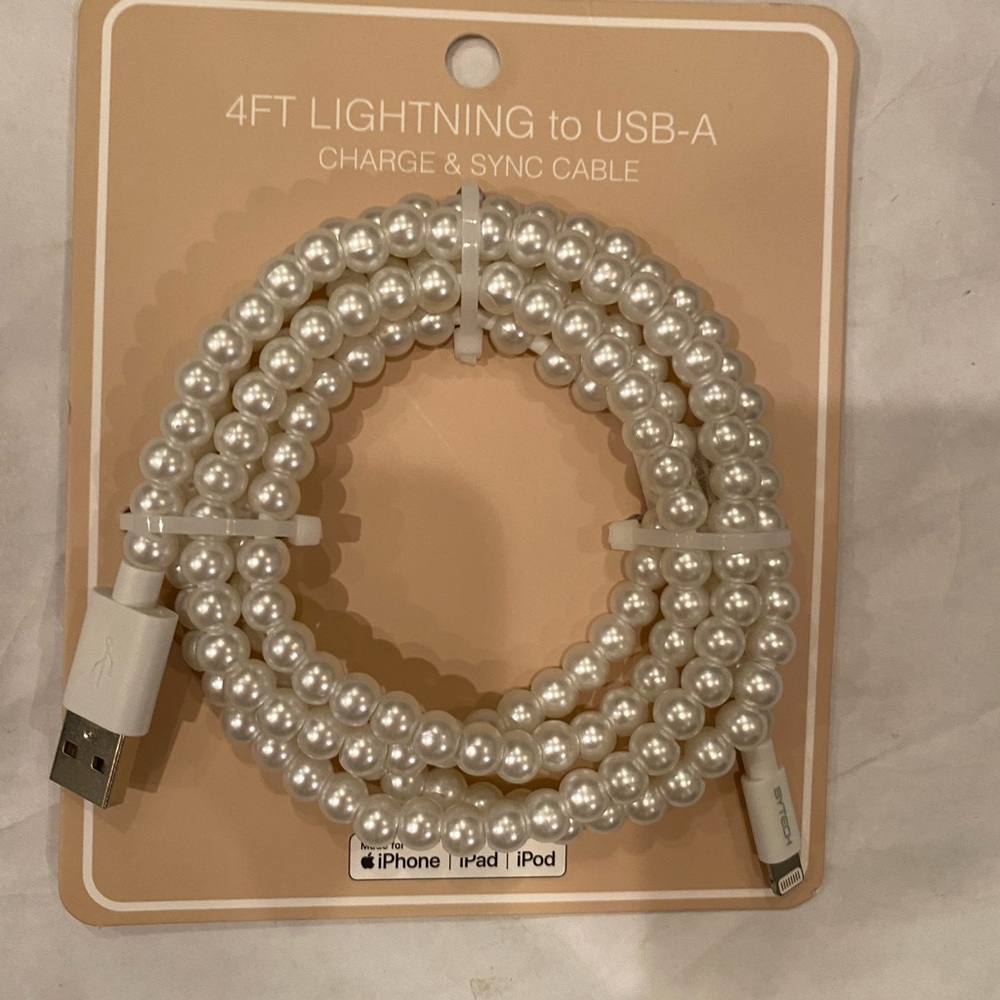 Pearl beaded White Lightning cord to USB-A Cable charger 3’for iPhone iPad
